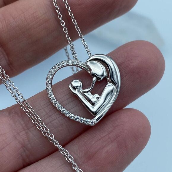Sterling Silver Mother Child Heart Pendant Necklace - Picture 4 of 5